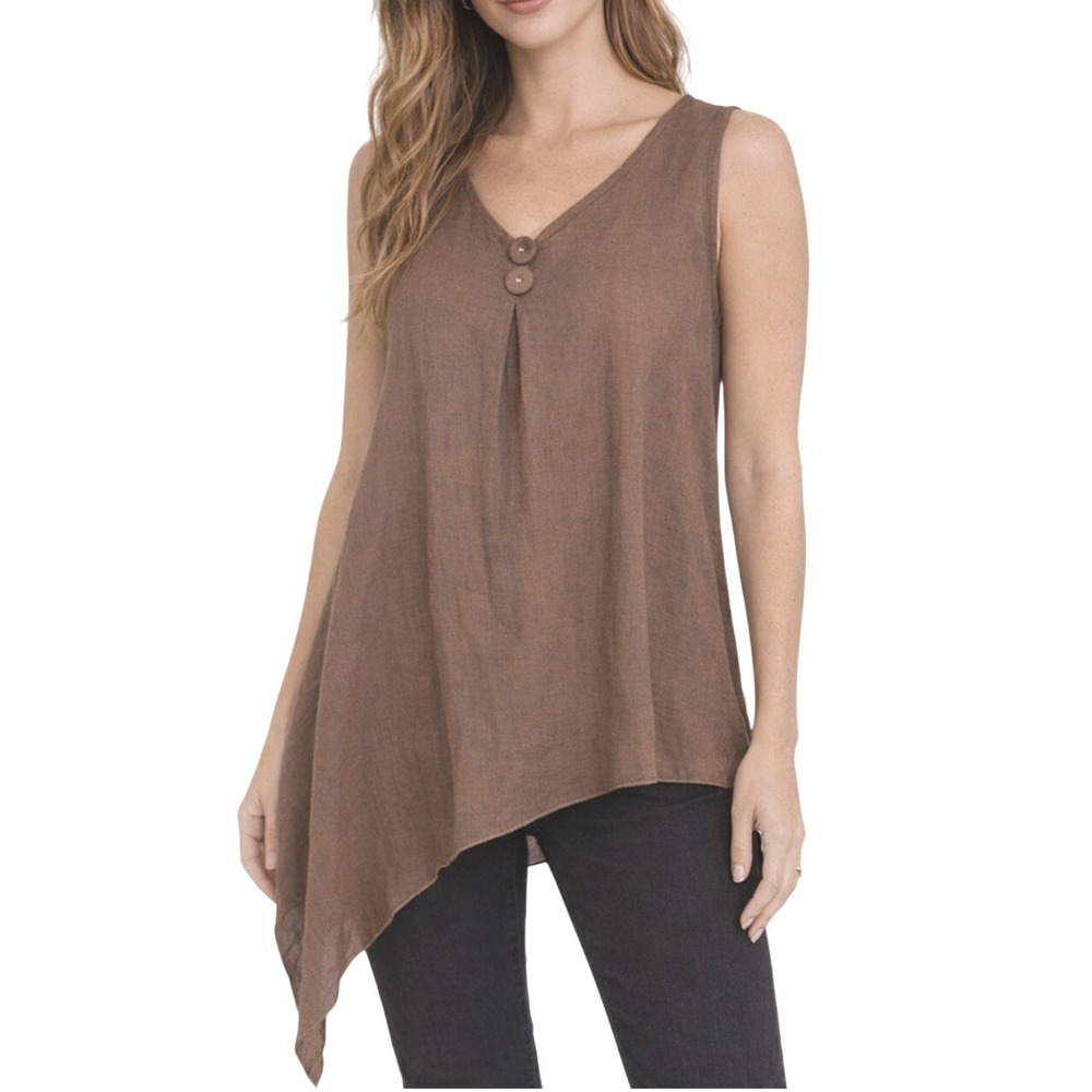 Noelle Brown Linen Blend Sleeveless Asymmetrical Hem Tank Top S/M